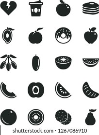 Solid Black Vector Icon Set - broken heart vector, glazed cake with a hole, coffe to go, biscuit, pancakes, orange, ripe peach, half apricot, red apple, slice of melon, water, mango, goji berry