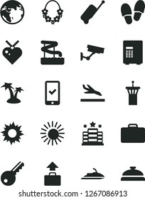 Solid Black Vector Icon Set - earth vector, airport tower, suitcase, phone registration, rolling case, baggage, arrival, sun, palm tree, hawaii wreath, aquapark, hotel, surveillance, key, safe