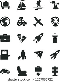 Solid Black Vector Icon Set - sign of the planet vector, briefcase, Baby chair, motor vehicle present, retro car, globe, rocket, paper plane, sail boat, backpacker, airport tower, passenger, getting
