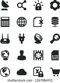 Solid Black Vector Icon Set - earth vector, big data server, delete page, electric plug, satellite antenna, SIM, magnifying glass, connections, woman, radiator fan, encrypting, router, settings
