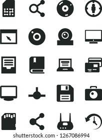 Solid Black Vector Icon Set - camera vector, floppy disk, laptop, archive, e, screen, cards, SIM, connection, connections, goal woman, monitor, web, router, cd, browser, connect, sd card, history