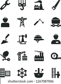 Solid Black Vector Icon Set - tower crane vector, workman, winch hook, building trowel, concrete mixer, arm saw, long meashuring tape, city block, helmet, working oil derrick, factory, power pole