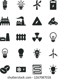 Solid Black Vector Icon Set - incandescent lamp vector, bulb, heating coil, new radiator, coffee beans, charging battery, windmill, wind energy, factory, thermal power plant, industrial, saving