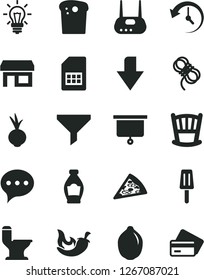 Solid Black Vector Icon Set - downward direction vector, cradle, comfortable toilet, hawser, speech, Easter cake, piece of pizza, chili, beet, popsicle, bottle, lime, SIM card, stall, filter, router