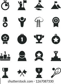 Solid Black Vector Icon Set - stopwatch vector, pedestal, racer, winner, podium, prize, award, gold cup, star medal, man with flag, motivation, mountain, first place, pennant, ribbon, cross flags