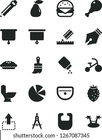 Solid Black Vector Icon Set - graphite pencil vector, baby powder, bib, tricycle, wooden paint brush, sink, toilet, drawing, move up, big burger, pie, chicken leg, pear, tasty raspberry, charts