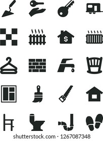 Solid Black Vector Icon Set - cradle vector, a chair for feeding, dwelling, brickwork, building trowel, window, arm saw, wooden paint brush, comfortable toilet, siphon, tile, faucet mixer, hanger