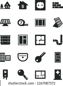 Solid Black Vector Icon Set - chest of drawers vector, brick wall, window, frame, long meashuring tape, sink, siphon, laying out, lay flat, power socket type f, key, interroom door, city block