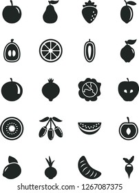 Solid Black Vector Icon Set - beet vector, squash, quince, tasty apple, raspberry, medlar, goji berry, water melon slice, tangerine, of, half loquat, plum, cherry, sweet date fruit, lemon, yellow