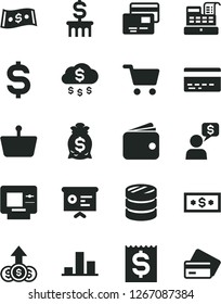 Solid Black Vector Icon Set - bank card vector, cards, shopping cart, basket, column of coins, chart, denomination the dollar, financial item, wallet, cash machine, report, money rain, bag, growth