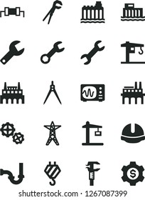 Solid Black Vector Icon Set - repair key vector, crane, hook, gears, adjustable wrench, sewerage, construction helmet, hydroelectric station, hydroelectricity, power line, industrial factory