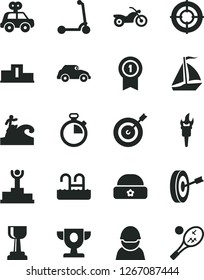 Solid Black Vector Icon Set - stopwatch vector, motor vehicle present, child Kick scooter, warm hat, racer, retro car, flame torch, pedestal, winner podium, prize, gold cup, target, purpose, aim