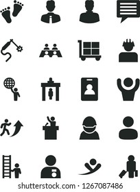 Solid Black Vector Icon Set - image of thought vector, cargo trolley, footprints, employee, racer, builder, gas welding, woman, man, conversation, arrow up, hold world, with medal, ladder, hands