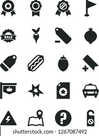 Solid Black Vector Icon Set - danger of electricity vector, add bookmark, remove label, pennant, question, car, Hot Dog, medlar, tamarillo, radish, vintage sign, sale, medal, bang, star certificate
