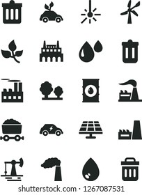 Solid Black Vector Icon Set - dust bin vector, drop, solar panel, working oil derrick, leaves, wind energy, manufacture, factory, trees, industrial building, thermal power plant, electric, trash