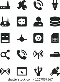 Solid Black Vector Icon Set - power socket type b vector, f, phone call, electric plug, SIM card, connections, dispatcher, usb, router, browser, connect, lan connector, wireless, big data, satellite