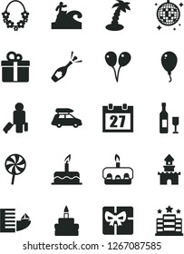 Solid Black Vector Icon Set - daily calendar vector, colored air balloons, balloon, cake, gift, torte, birthday, lollipop, giftbox, sand castle, wine, champagne, car baggage, passenger, hotel