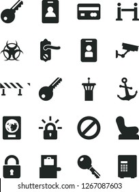 Solid Black Vector Icon Set - prohibition vector, Baby chair, key, door knob, road fence, lock, anchor, reverse side of a bank card, encrypting, biohazard, airport tower, rope barrier, identity