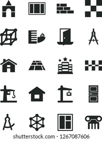 Solid Black Vector Icon Set - house vector, box of bricks, dwelling, brick wall, window, frame, interroom door, tile, ceramic tiles, paving slab, tower crane, Construction, Measuring compasses, exit