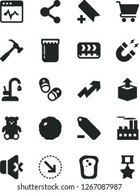 Solid Black Vector Icon Set - add bookmark vector, growth up, remove label, small teddy bear, child shoes, kitchen faucet, hammer with claw, cardiogram, no sound, cart, unpacking, right bottom arrow