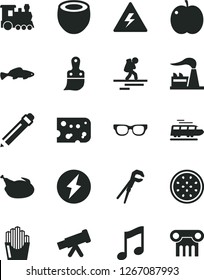 Solid Black Vector Icon Set - danger of electricity vector, graphite pencil, adjustable wrench, plastic brush, music, piece cheese, chicken, fried potato slices, small fish, apple, coconut, factory