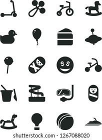 Solid Black Vector Icon Set - baby rattle vector, duckling, bath ball, roly poly doll, tumbler, children's sand set, yule, rocking horse, small, balloon, child bicycle, tricycle, Kick scooter, air