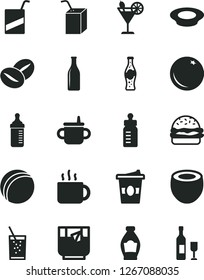 Solid Black Vector Icon Set - mug for feeding vector, bottle, measuring, bath ball, e, packing of juice with a straw, burger, plate milk, coffee beans, cup tea, coffe to go, glass soda, cocktail