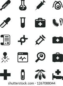 Solid Black Vector Icon Set - first aid kit vector, plus, mercury thermometer, bag of a paramedic, medical, cardiogram, goji berry, flask, research article, test tube, dna, bactery, pipette, syringe