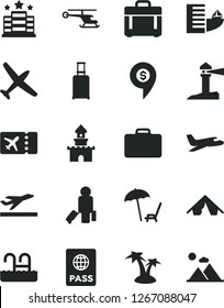 Solid Black Vector Icon Set - case vector, passport, coastal lighthouse, sand castle, helicopter, dollar pin, plane, passenger, suitcase, rolling, ticket, departure, hotel, tent, palm tree, pool