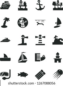 Solid Black Vector Icon Set - anchor vector, fish, sea port, commercial seaport, lighthouse, coastal, planet, sand castle, sail boat, hotel, beach, palm tree, diving mask, surfing, cruiser, yacht