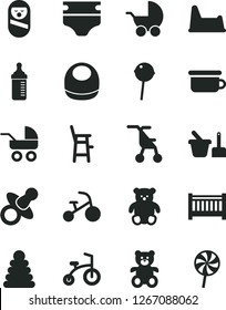 Solid Black Vector Icon Set - baby cot vector, dummy, measuring bottle for feeding, diaper, bib, stroller, carriage, sitting, stacking rings, roly poly doll, toy sand set, children's potty, chair