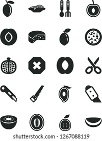 Solid Black Vector Icon Set - scissors vector, mark of injury, iron fork spoons, arm saw, knife, stationery, cheese, pizza, slices onion, half pomegranate, plum, mango, peach, melon, cherry, lemon