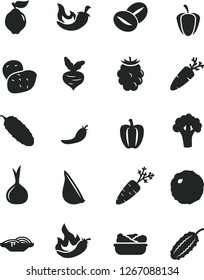 Solid Black Vector Icon Set - slices of onion vector, lettuce in a plate, cabbage, cucumber, chili, garlic, carrot, coffee beans, quince, blackberry, Bell pepper, ripe, red, hot, potato, beet