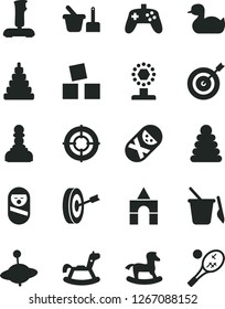 Solid Black Vector Icon Set - rubber duck vector, stacking rings, toy, roly poly doll, tumbler, sand set, children's, yule, rocking horse, small, cubes for children, box of bricks, joystick, cup