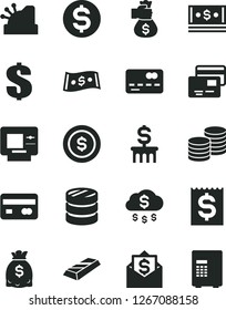 Solid Black Vector Icon Set - dollar vector, cards, coins, reverse side of a bank card, front the, column, financial item, dollars, cash, cashbox, gold bar, money bag hand, rain, coin, mail, atm