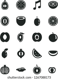 Solid Black Vector Icon Set - music vector, slices of onion, orange slice, half apricot, pomegranate, medlar, mango, peach, melon, tangerine, loquat, cherry, passion fruit, sour lime, piece coconut