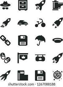 Solid Black Vector Icon Set - floppy disk vector, spectacles, hat with glasses, camera roll, bedside table, tricycle, child shoes, umbrella, plate, modern gas station, retro car, vintage sign, space