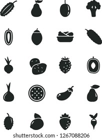 Solid Black Vector Icon Set - lettuce in a plate vector, cucumber, beet, pear, raspberry, tasty, mulberry, delicious plum, passion fruit, sweet date, yellow lemon, half of, tamarillo, ripe guava
