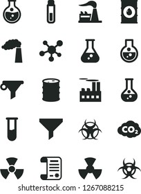 Solid Black Vector Icon Set - round flask vector, manufacture, factory, oil, barrel, industrial building, radiation, carbon dyoxide, filter, water, research article, test tube, molecule, nuclear