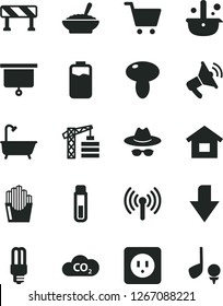 Solid Black Vector Icon Set - downward direction vector, hat with glasses, tower crane, dwelling, bath, power socket type b, traffic signal, mushroom, a bowl of buckwheat porridge, charge level, CO2