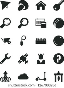 Solid Black Vector Icon Set - question vector, bath ball, Kick scooter, house, building trolley, key, calculation, brick, plummet, porcini, orange, repair, magnifier, cloud, satellite, king