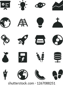 Solid Black Vector Icon Set - sign of the planet vector, matte light bulb, line chart, ladder, hawser, dangers, big data server, fried vegetables on sticks, pear, slice melon, ring diagram, scanner