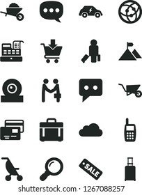 Solid Black Vector Icon Set - summer stroller vector, garden trolley, building, case, put in cart, cards, electric transport, mobile phone, cash machine, season sale, think, speech, web camera