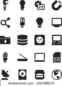Solid Black Vector Icon Set - matte light bulb vector, upload folder, power socket type b, energy saving, mercury, horseshoe magnet, satellite antenna, SIM, caliper, connections, computer, monitor