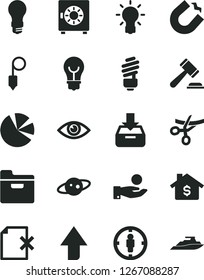 Solid Black Vector Icon Set - upward direction vector, hammer of a judge, saving light bulb, plummet, eye, folder, put in box, delete page, strongbox, horseshoe magnet, goal woman, catch coin, yacht