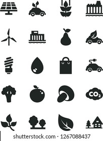 Solid Black Vector Icon Set - saving light bulb vector, drop, porcini, pear, mint, delicious apple, broccoli, solar panel, leaves, leaf, windmill, hydroelectric station, hydroelectricity, trees, bag