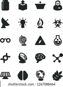 Solid Black Vector Icon Set - unpacking vector, jar, pan, flask, molecule, electricity, glasses, dna, bulb, brain, biohazard, globe, flame, scientist, sun panel, satellite antenna, biology