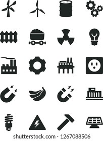 Solid Black Vector Icon Set - danger of electricity vector, new radiator, hammer, bulb, bananas, windmill, wind energy, barrel, hydroelectric station, socket, industrial building, enterprise, saving