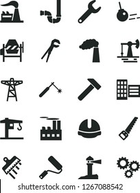 Solid Black Vector Icon Set - crane vector, concrete mixer, adjustable wrench, arm saw, new roller, siphon, city block, construction helmet, spatula, hammer, core, working oil derrick, manufacture