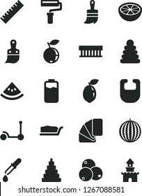 Solid Black Vector Icon Set - paint roller vector, yardstick, bib, stacking rings, toy, Kick scooter, sample of colour, plastic brush, wooden, cake slice, blueberry, blueberries, water melon